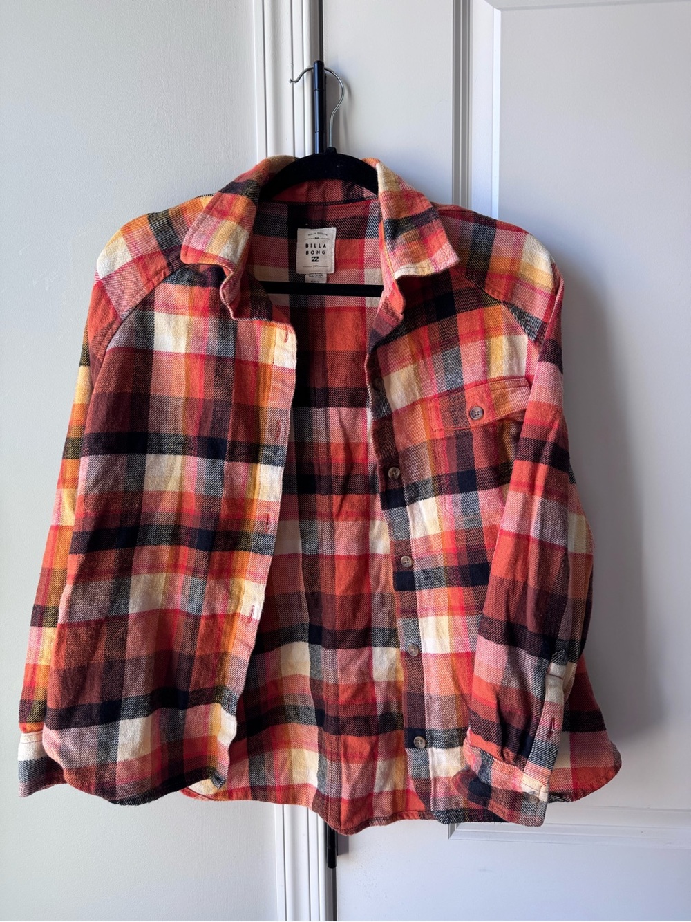 Billabong Orange and Black Plaid Flannel Button-Down Shirt